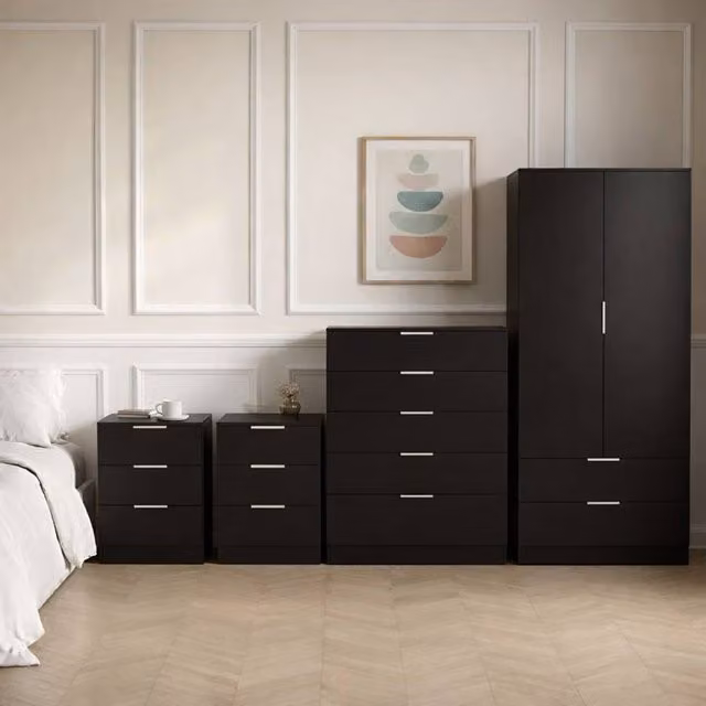 HD Designs Trega 3 Piece Black Bedroom Set Including 3 Drawer Bed, 2 Bedside Tables, 5 Drawer Chest and Wardrobe
