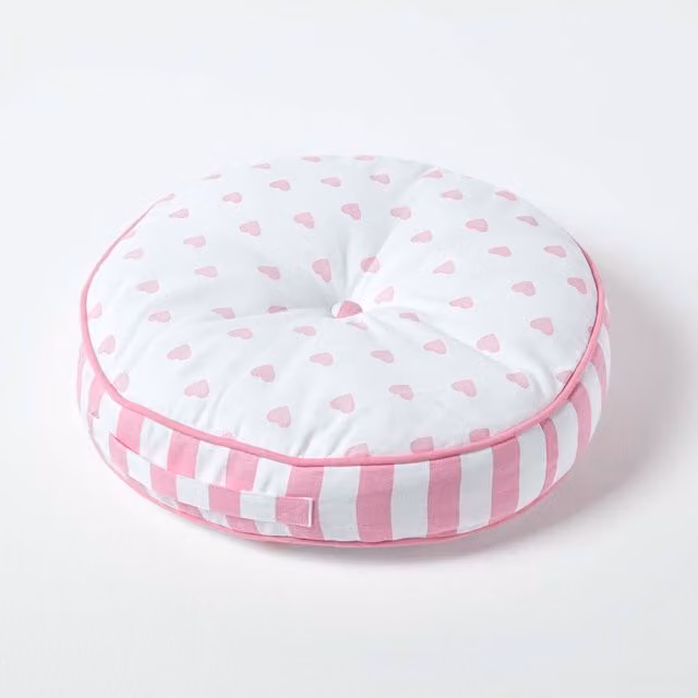 Homescapes Round Childrens Floor Cushion in Pink, White and Grey