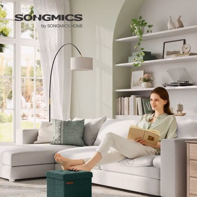 SONGMICS Foldable Storage Ottoman Footstool in Retro Green