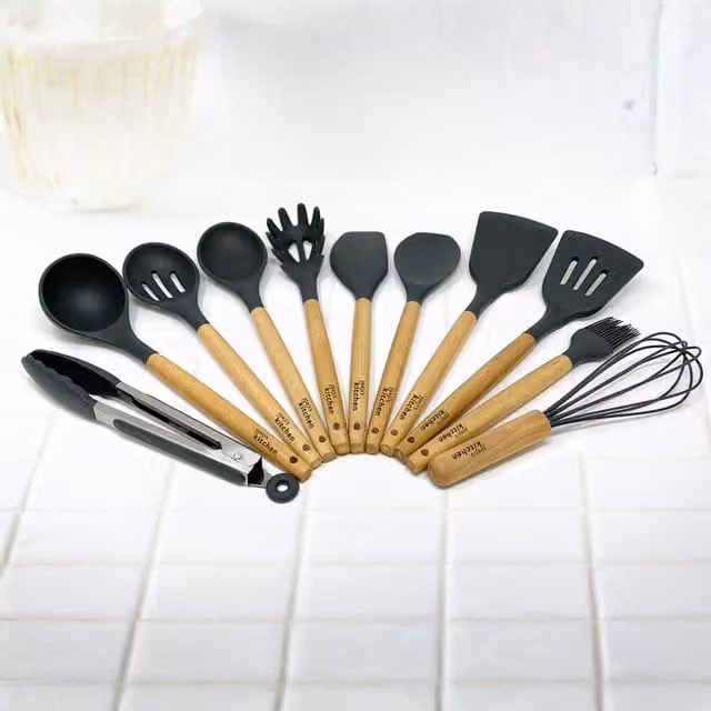 Joejis 14-Piece Grey Silicone and Wood Kitchen Utensil Set with Heat Resistant and Non-Scratch Features