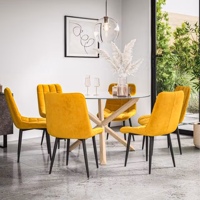 More4Homes Malvern Round Glass Dining Table Set with Oak Legs and 6 Yellow Nova Velvet Chairs, Diameter: 120 cm, Height: 75 cm