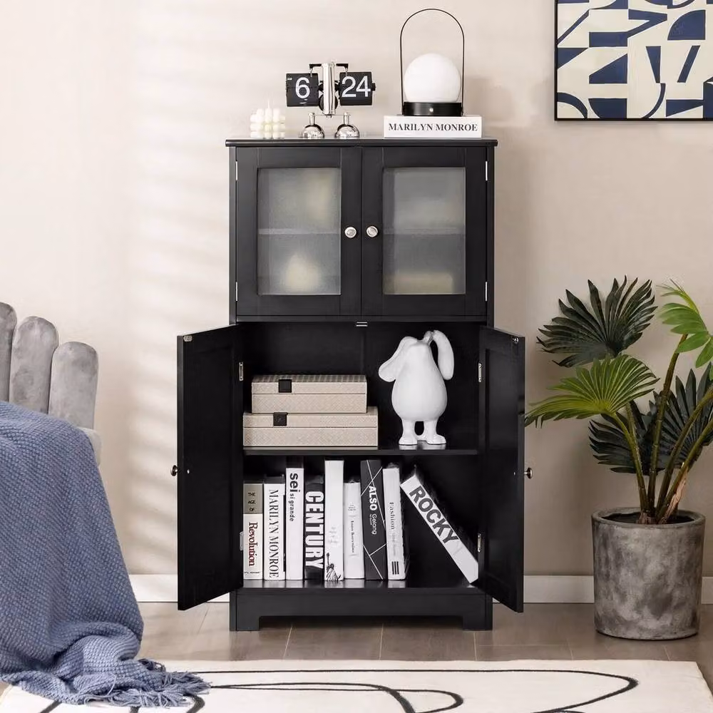 Kelvenix Modern Black Lacquered Freestanding Bathroom Floor Cabinet with Glass Hinged Doors and Internal Shelves – 3