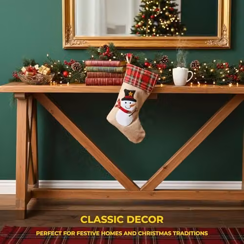 Shatchi Brown Snowman Christmas Stocking, Rustic Burlap Hessian Hanging Sack, W/H: 26 x 25 cm – 7