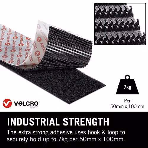 VELCRO Brand Heavy Duty Double Sided Self Adhesive Hook and Loop Tape, Black, Width: 50 mm, Length: 1 m – 2