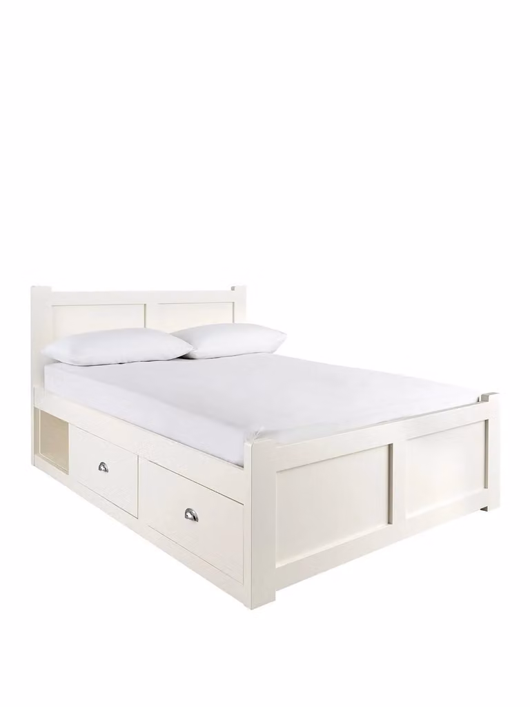 Geneva Double Bed Frame in White with Storage Drawers and Open Shelves