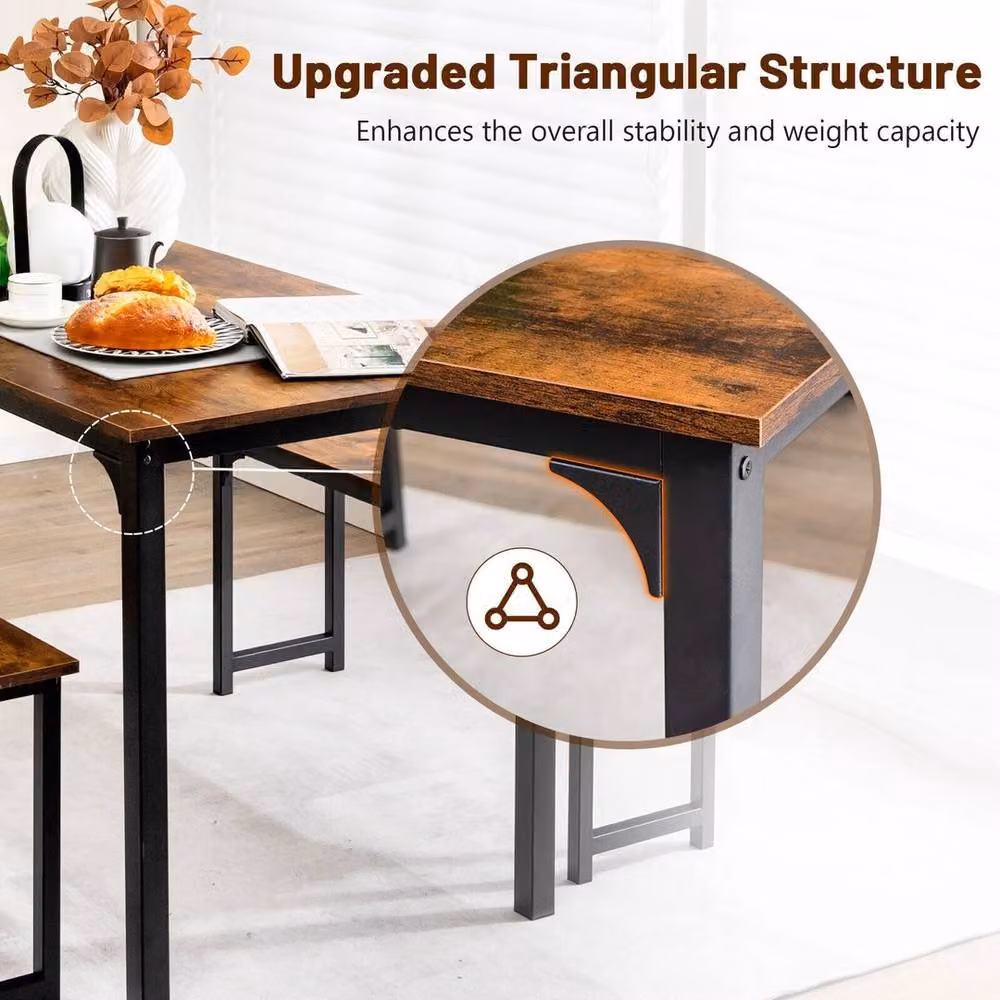 Kelvenix 3-Piece Industrial Dining Table and Benches Set in Brown – 5