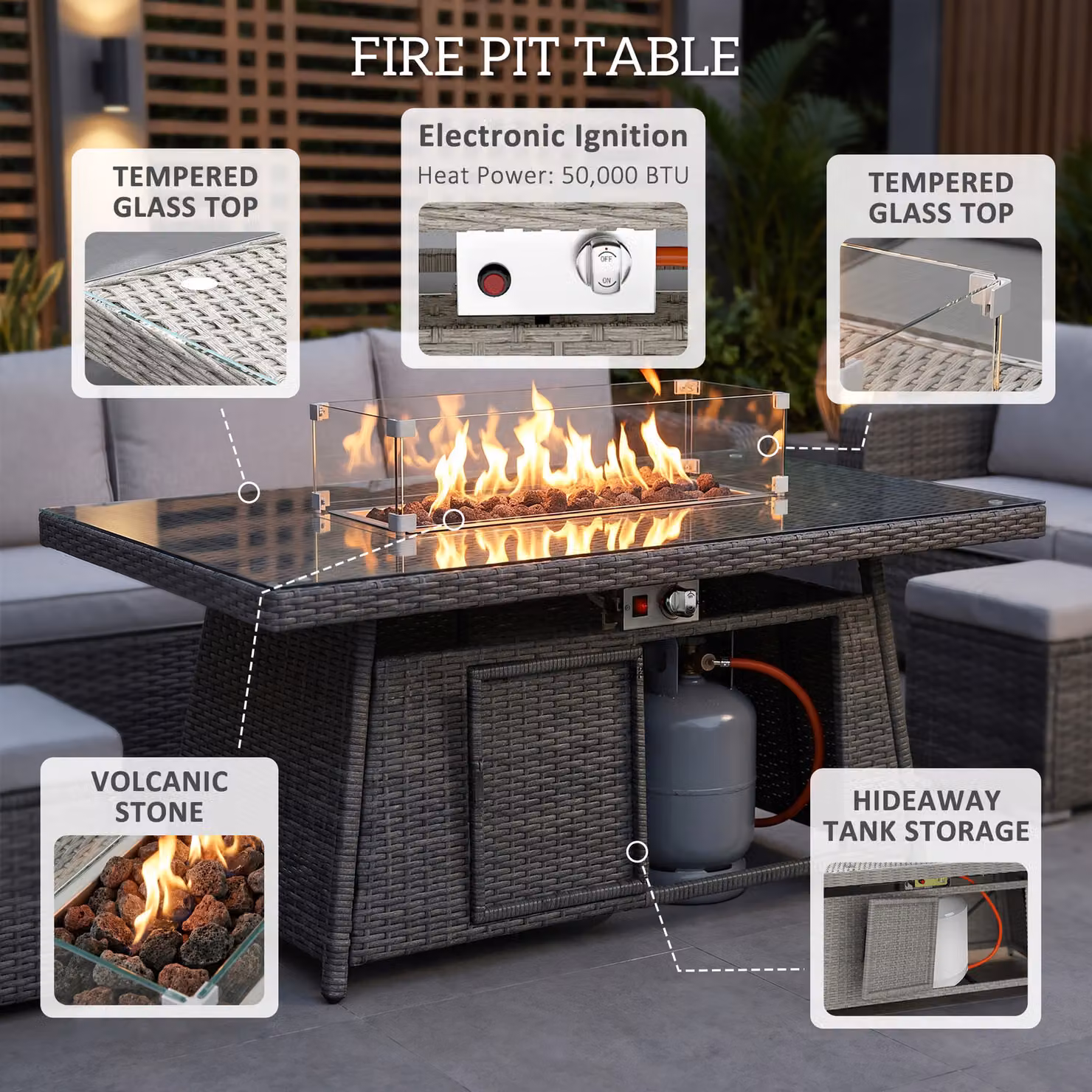 Outsunny 7 Piece Grey PE Rattan Garden Furniture Set with 50,000 BTU Gas Fire Pit Table, Double Corner Sofa and 3 Footstools – 4