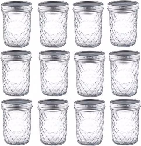 Simpa 12 Pack Geometric Quilted Glass Mason Jars with Silver Metal Airtight Lids, 475 ml – 1