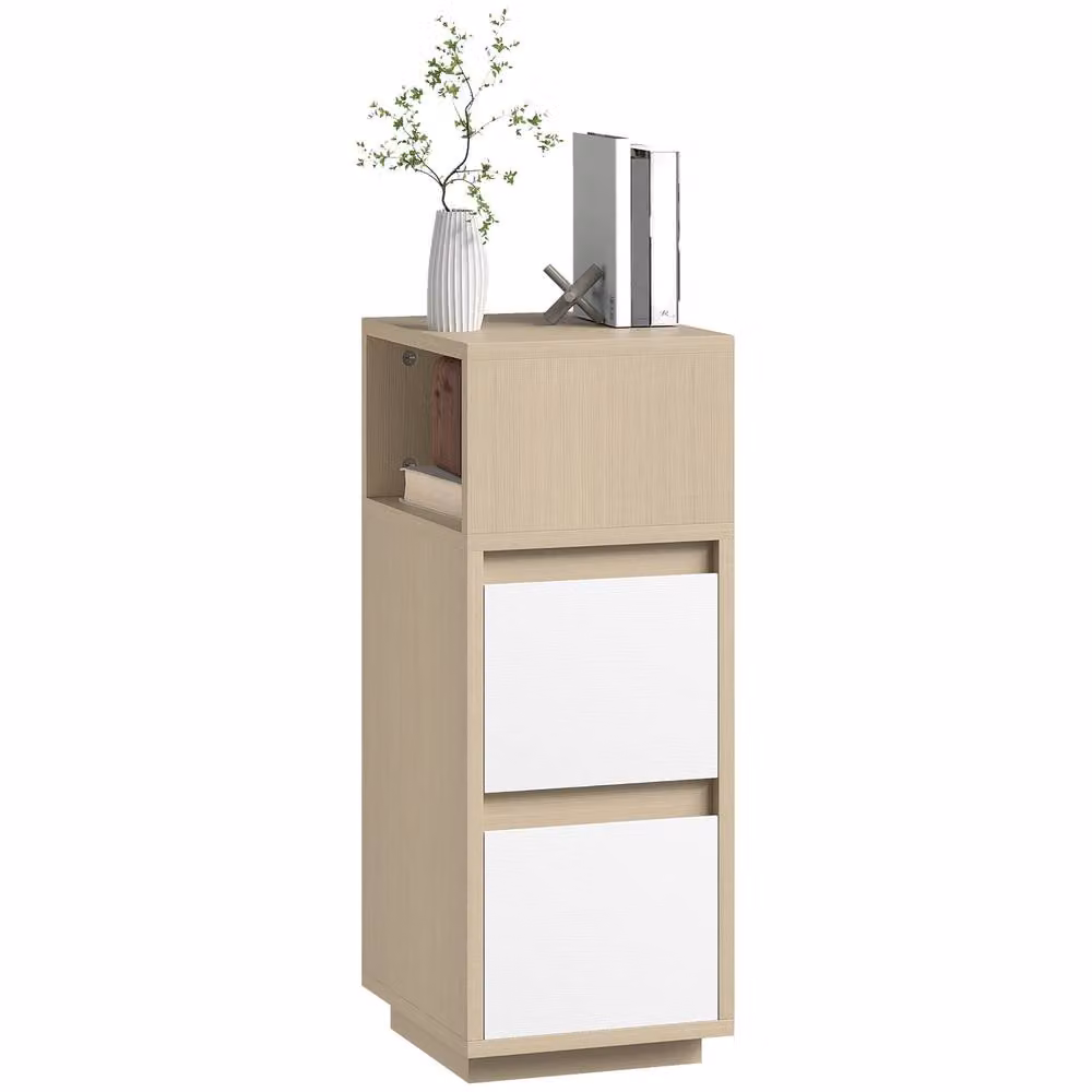 HOMCOM Slim Bedside Table with Open Shelf and 2 Drawers in Sand – 2