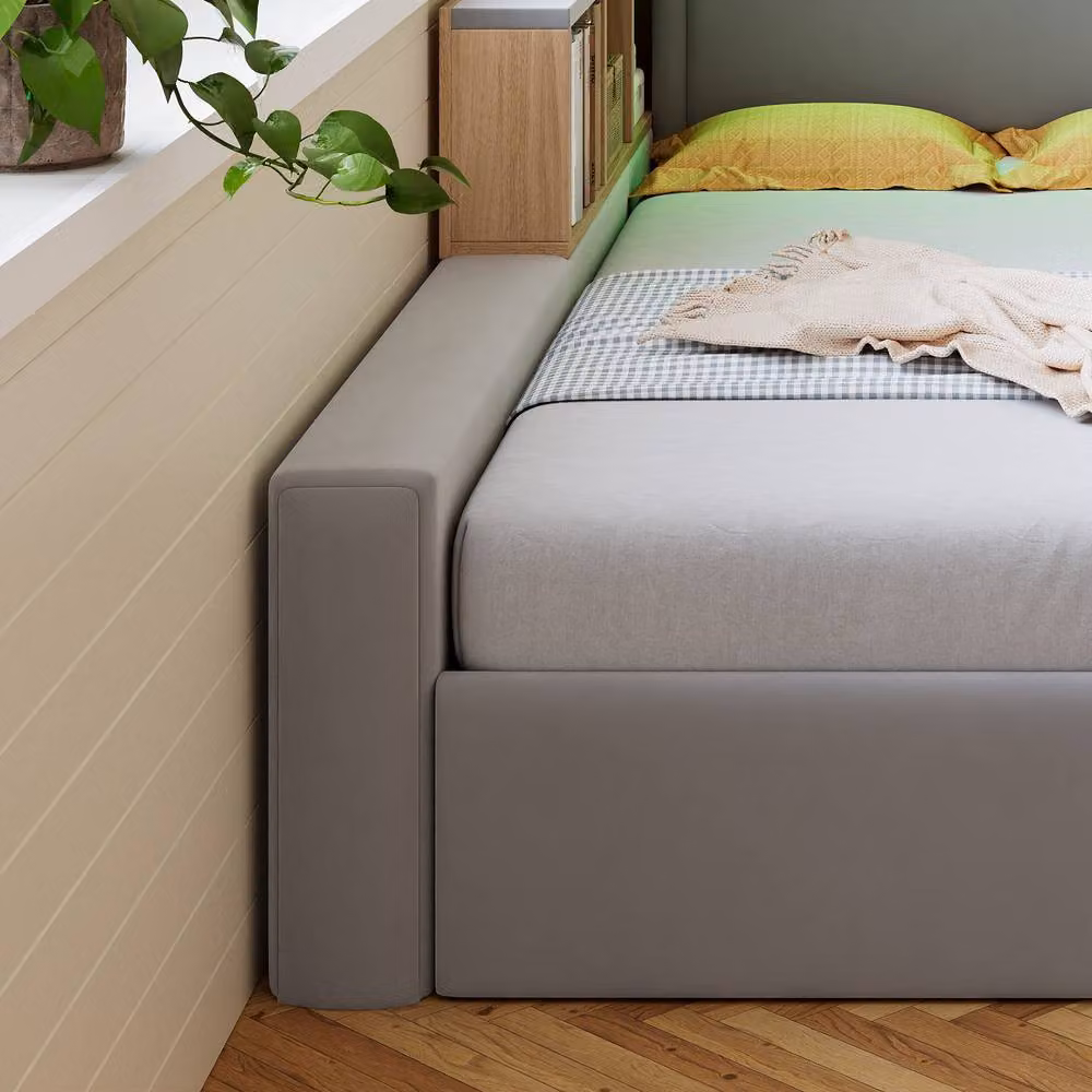 BTM Grey Velvet Single Daybed with LED Lighting, USB Charging Port and Storage, W/D/H: 190 x 90 x 82.5 cm – 4
