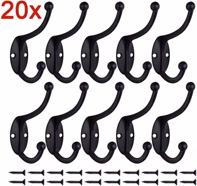 Kelvenix Double Hat and Coat Hooks in Polished Black Metal with 20 Hooks and 40 Screws