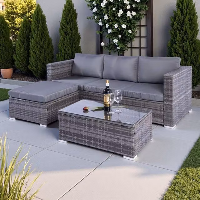 Outdoor Living Dunham Grey 4 Seat L-Shape Polyrattan Sofa Set with Coffee Table and Ottoman – 1