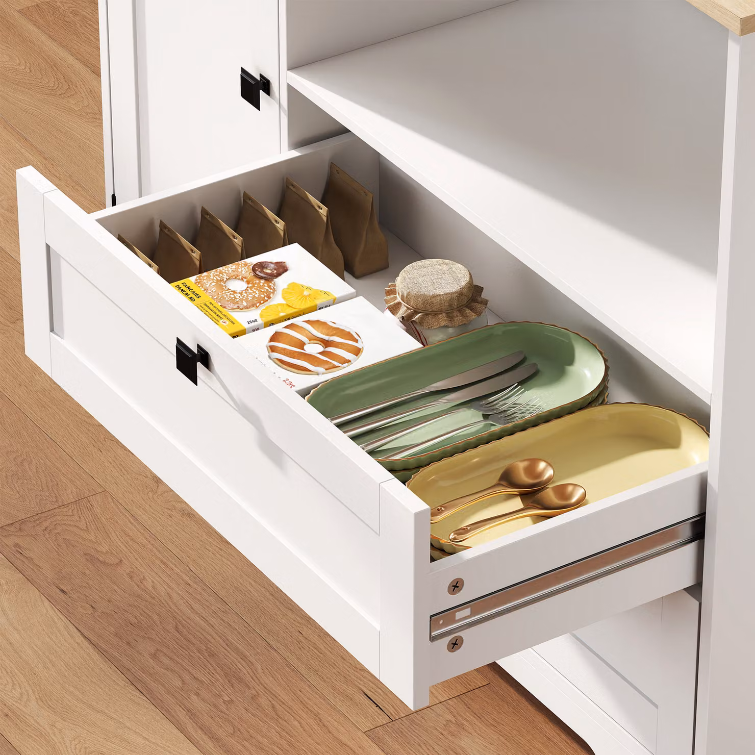 HOMCOM White Freestanding Kitchen Cupboard with 2 Cabinets, 2 Drawers and Adjustable Shelves – 3