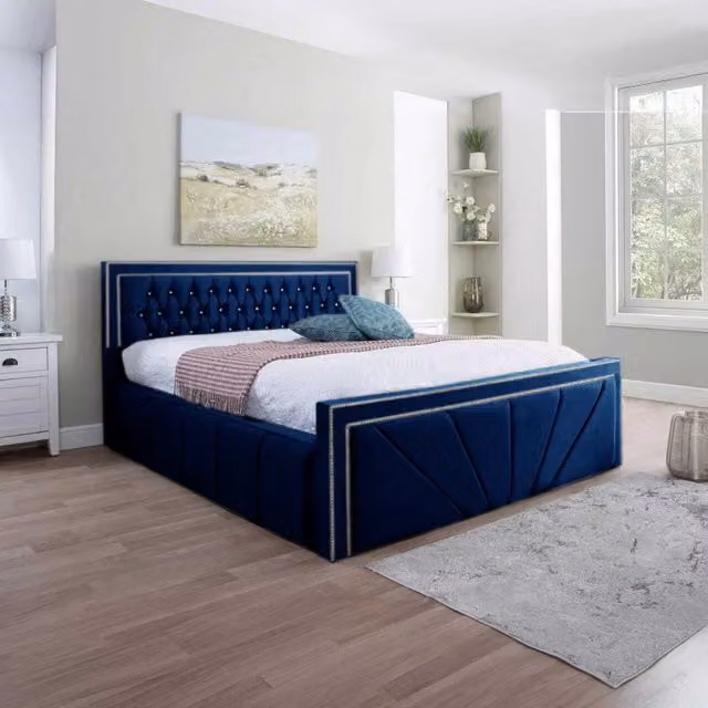 Desire Deco Blue Velvet Chesterfield Upholstered Superking Bed Frame, W/D/H: 200 x 200 cm