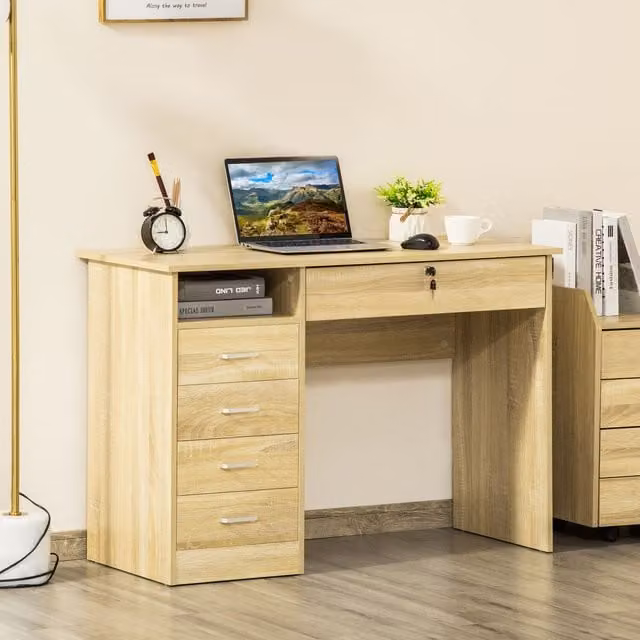 HOMCOM Modern Oak Computer Desk with Single Pedestal and Lockable Drawer