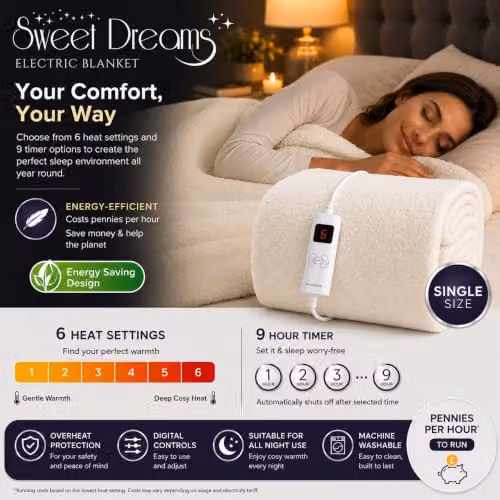 Sweet Dreams Single Size White Fleece Electric Heated Mattress Cover with Digital Control and Overheat Protection, W/D/H: 90 x 200 cm – 4
