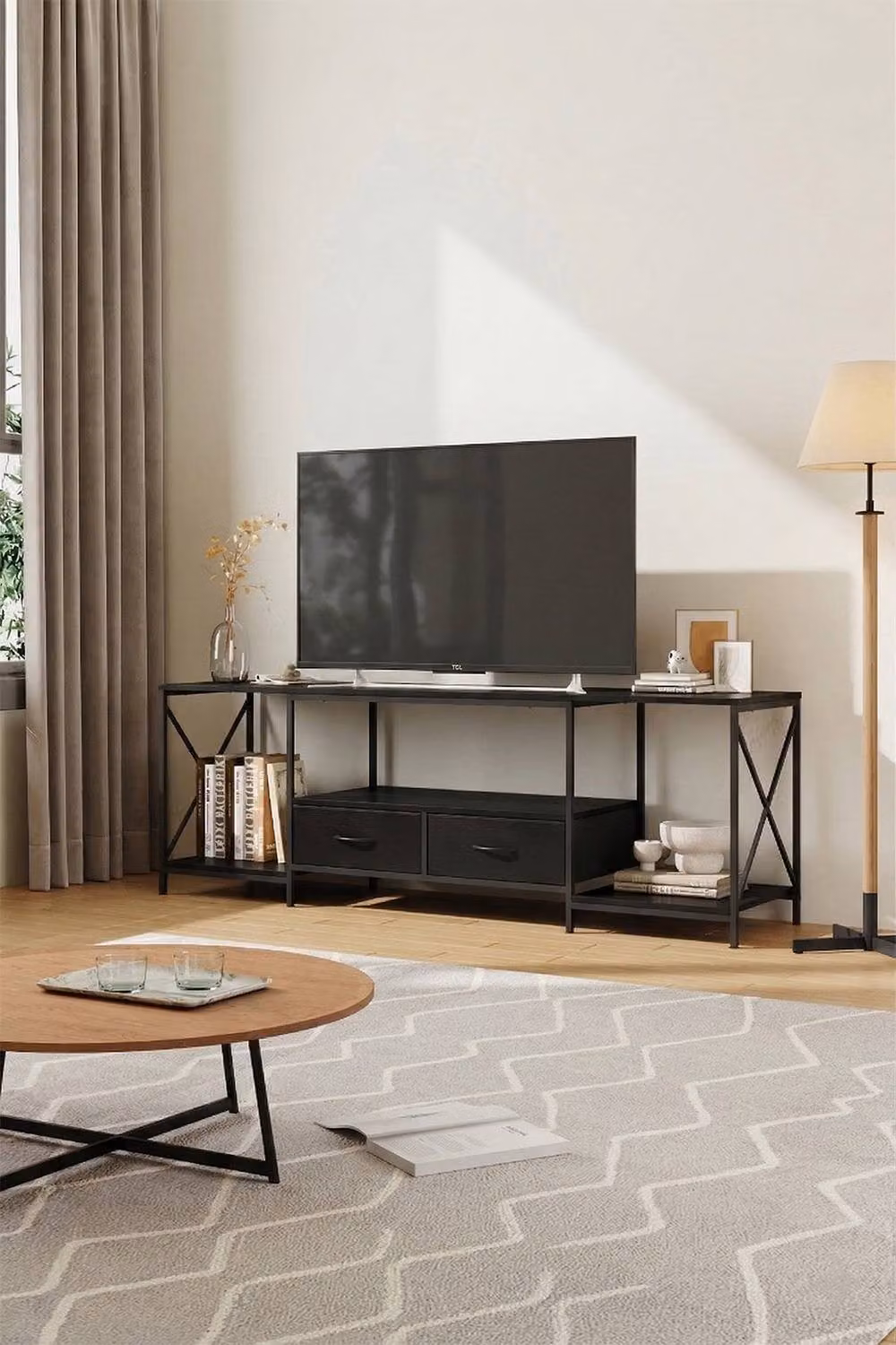 Living and Home Modern TV Stand with Fabric Drawers in Black – 3