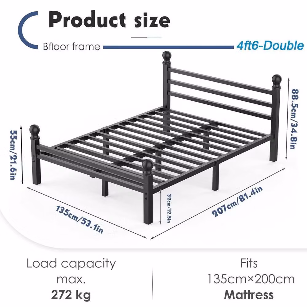 NESTLUNE Double Size Metal Bed Frame with Headboard and Footboard in Black, 140 x 200 cm – 2