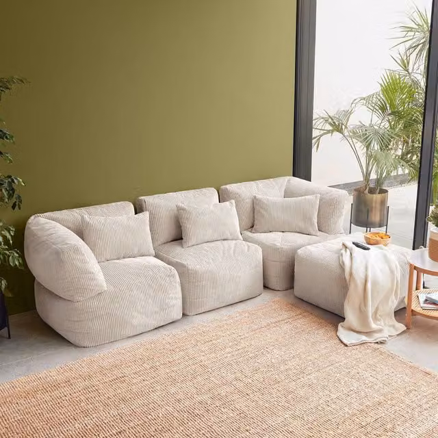 icon Noa 4-Piece Bean Bag Set in Cream Jumbo Cord featuring 2x Corner, 1x Recliner and 1x Slab pieces – 1