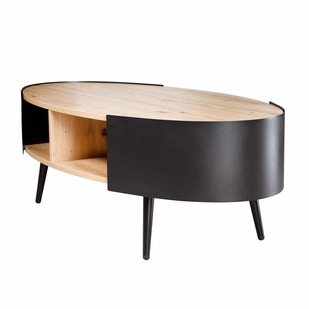 CALICOSY EKLO Oval Coffee Table in Light Brown with Black Metal Sides, W/D/H: 120 x 60 x 39 cm – 4