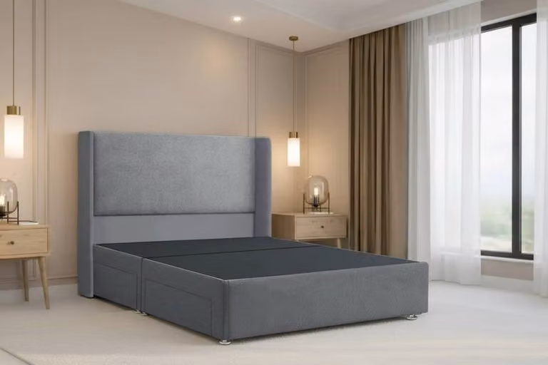 Chester & Oakley Velora Plush Divan Bed Base with Winged Headboard, Grey, W/D/H: 200 x 200 cm