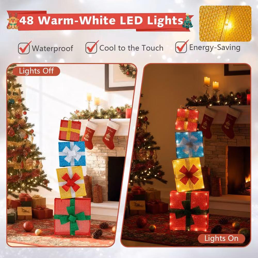 Costway 4 Ft Pre-lit Stackable Multicolour Christmas Gift Box Decorations – 7
