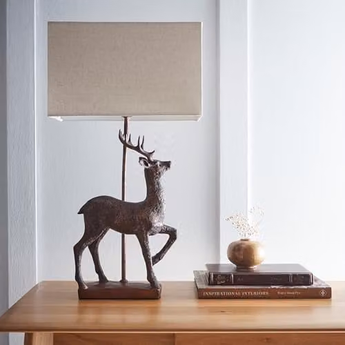 K LIVING Stag Resin Table Lamp in Copper and Black with Linen Shade – 1