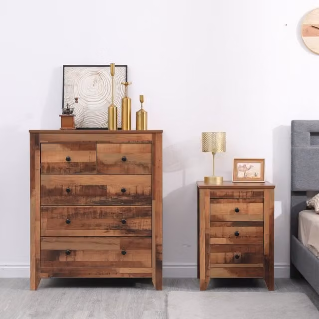 Home Deluxe Rustic Brown Wooden Bedroom Set with 1 Bedside Table and 2+3 Drawer Chests