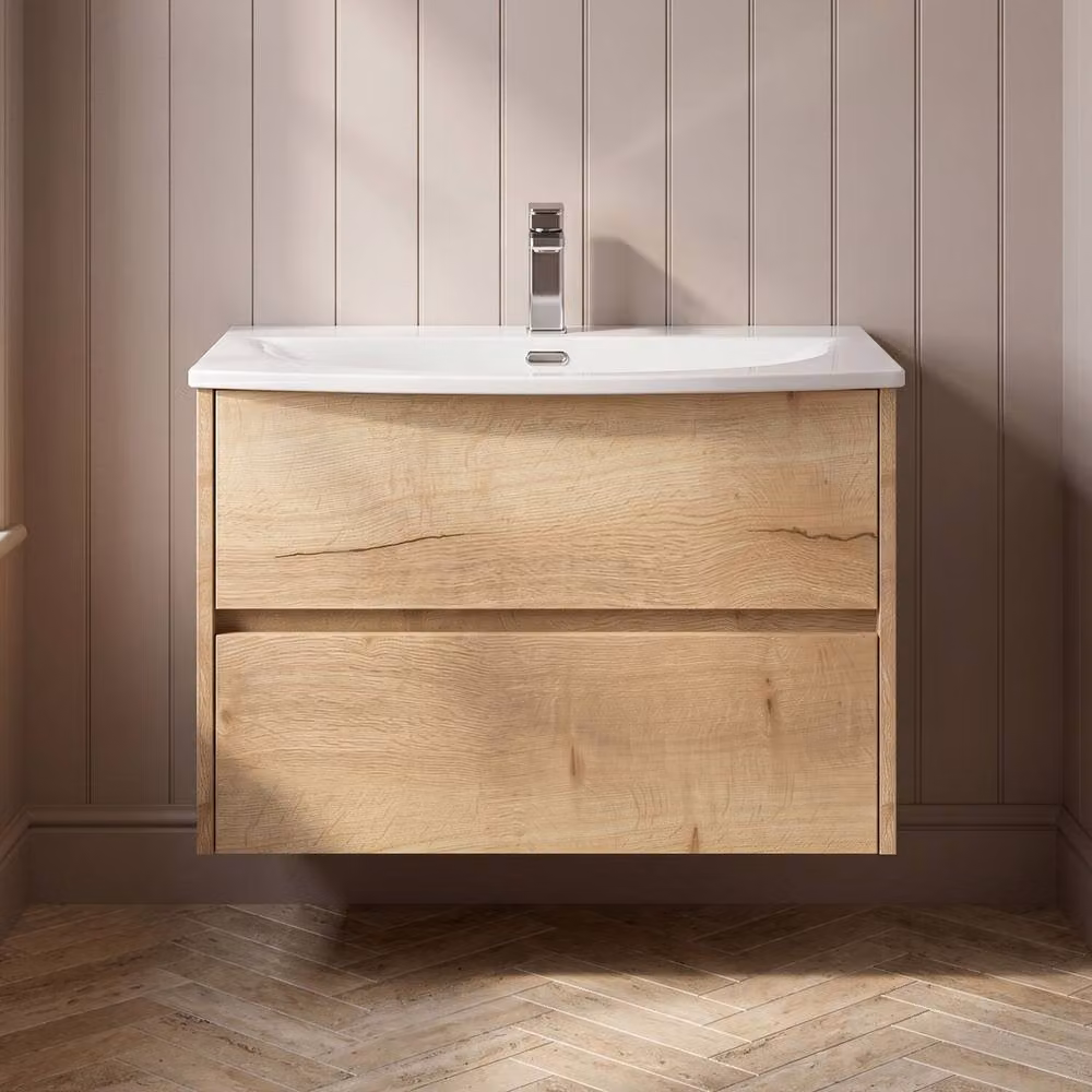 Balterley Chartley 2 Drawer Wall Hung Vanity Basin Unit in Autumn Oak Brown, Width: 80 cm – 3