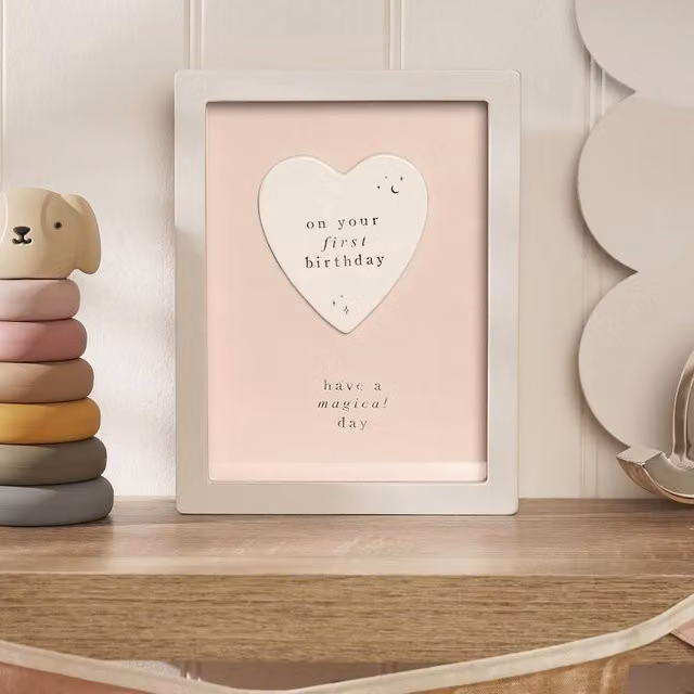 Bambino by Juliana 1st Birthday Heart Shaped Pink Framed Tabletop Plaque