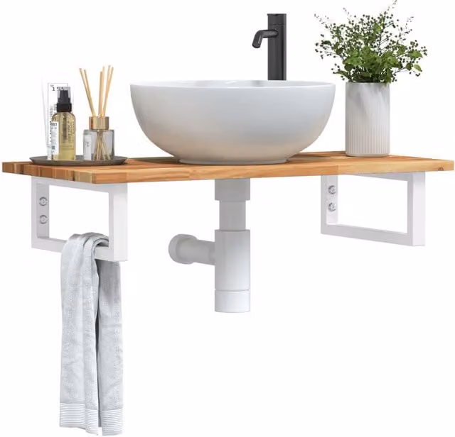 Berkfield Home Wall Mounted Basin Shelf in Brown Steel and Solid Acacia Wood