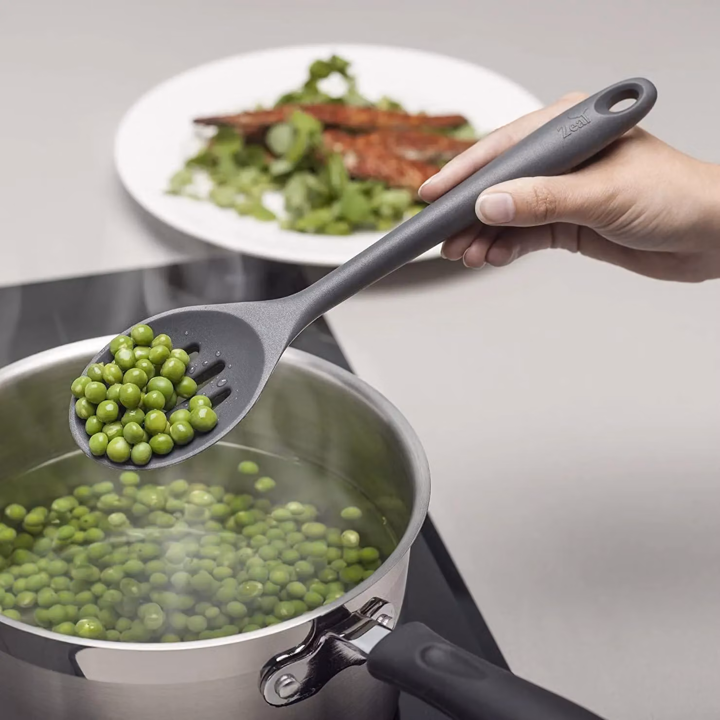 Zeal Grey Silicone Slotted Spoon Skimmer with Hanging Loop, 28 cm – 3
