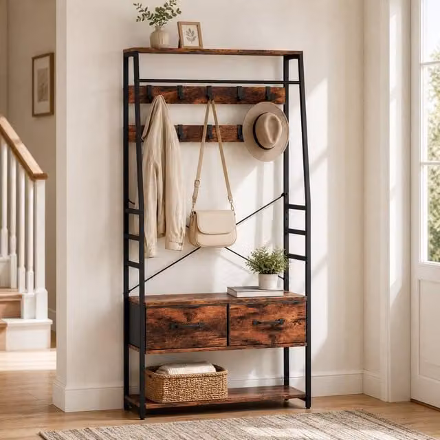 STILVORA Industrial Hall Tree with Bench and 10 Hooks in Brown and Black