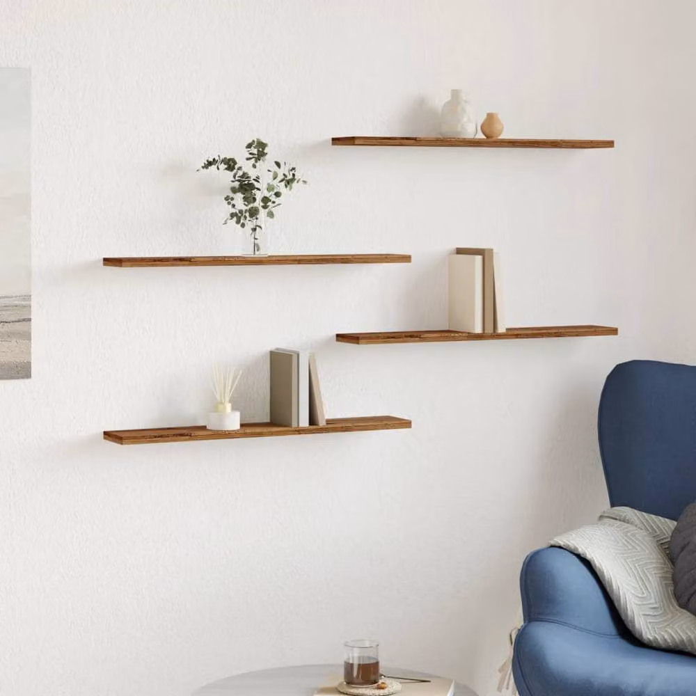 Berkfield Home Set of 4 Wall Mounted Shelves in Old Wood Brown, W: 60 cm, D: 20 cm, H: 1.5 cm – 2