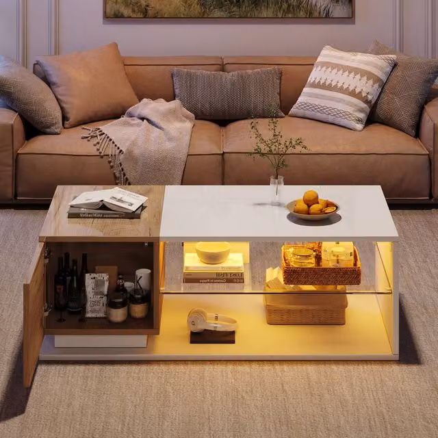 ModernLuxe High Gloss LED Coffee Table with Glass Shelves and Door in White and Multicolour, W/D/H: 126 x 50 x 36 cm – 1