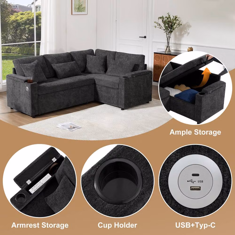 BTM L-Shaped Pull Out Sofa Bed with USB Charging, Cup Holders and Storage in Grey – 3