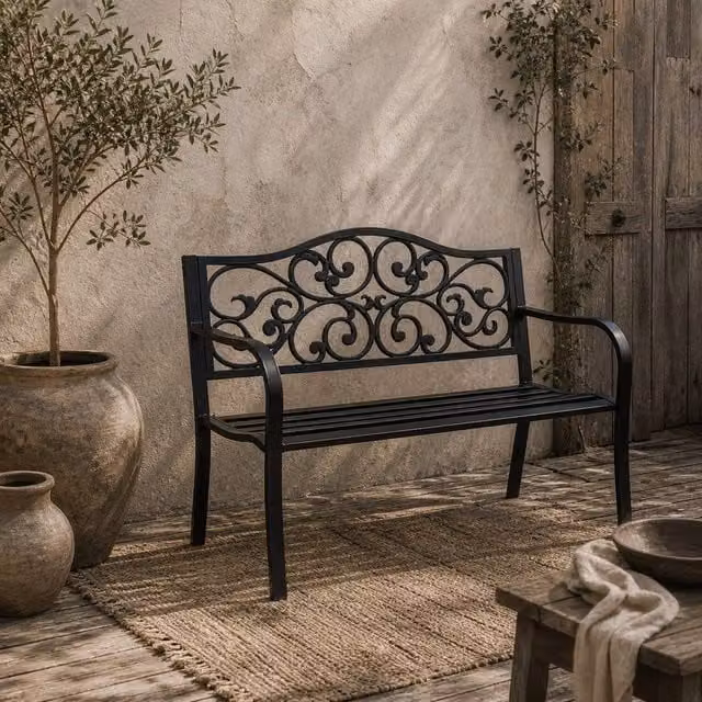 Wyld Haus Faneso 2 Seater Garden Bench in Matt Black Metal with Floral Backrest and Armrests
