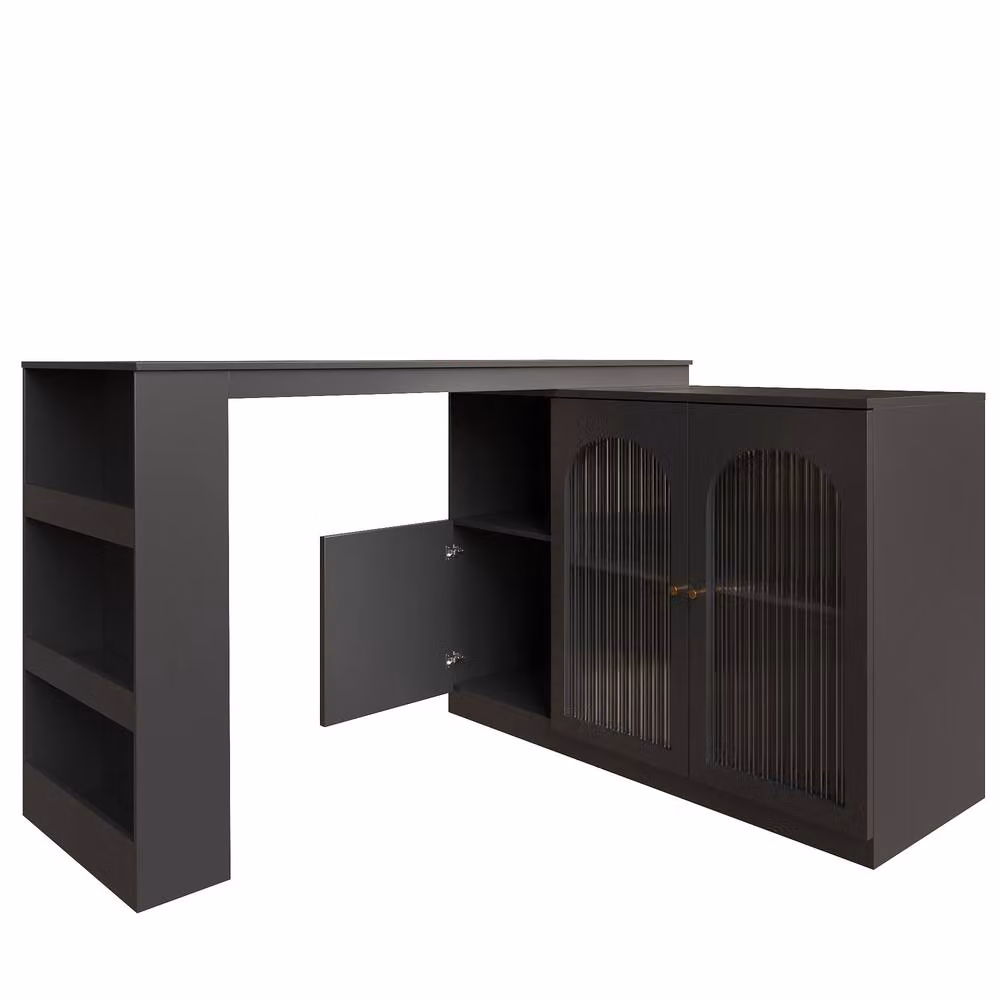 Rolipo Modern 360° Rotating Bar Table and Black Dining Cabinet with Glass Door – 5