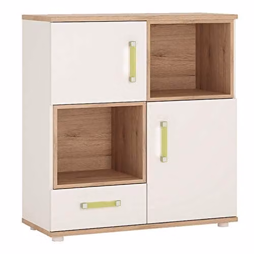 Furniture To Go 4KIDS Childrens Cupboard with 2 Doors, 1 Drawer and 2 Open Shelves in White and Light Oak Glossy Finish