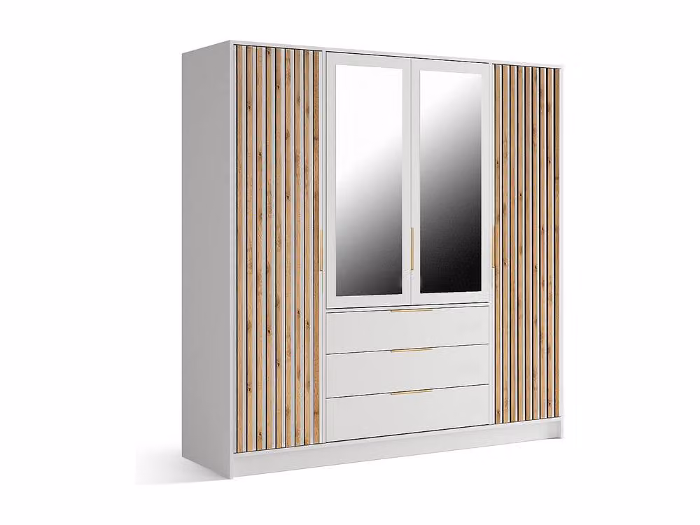 Vente-unique L77 4-Door Wardrobe with Mirror and 3 Drawers in Natural and Light Oak, H: 200 cm, W: 121 cm, D: 58 cm – 2