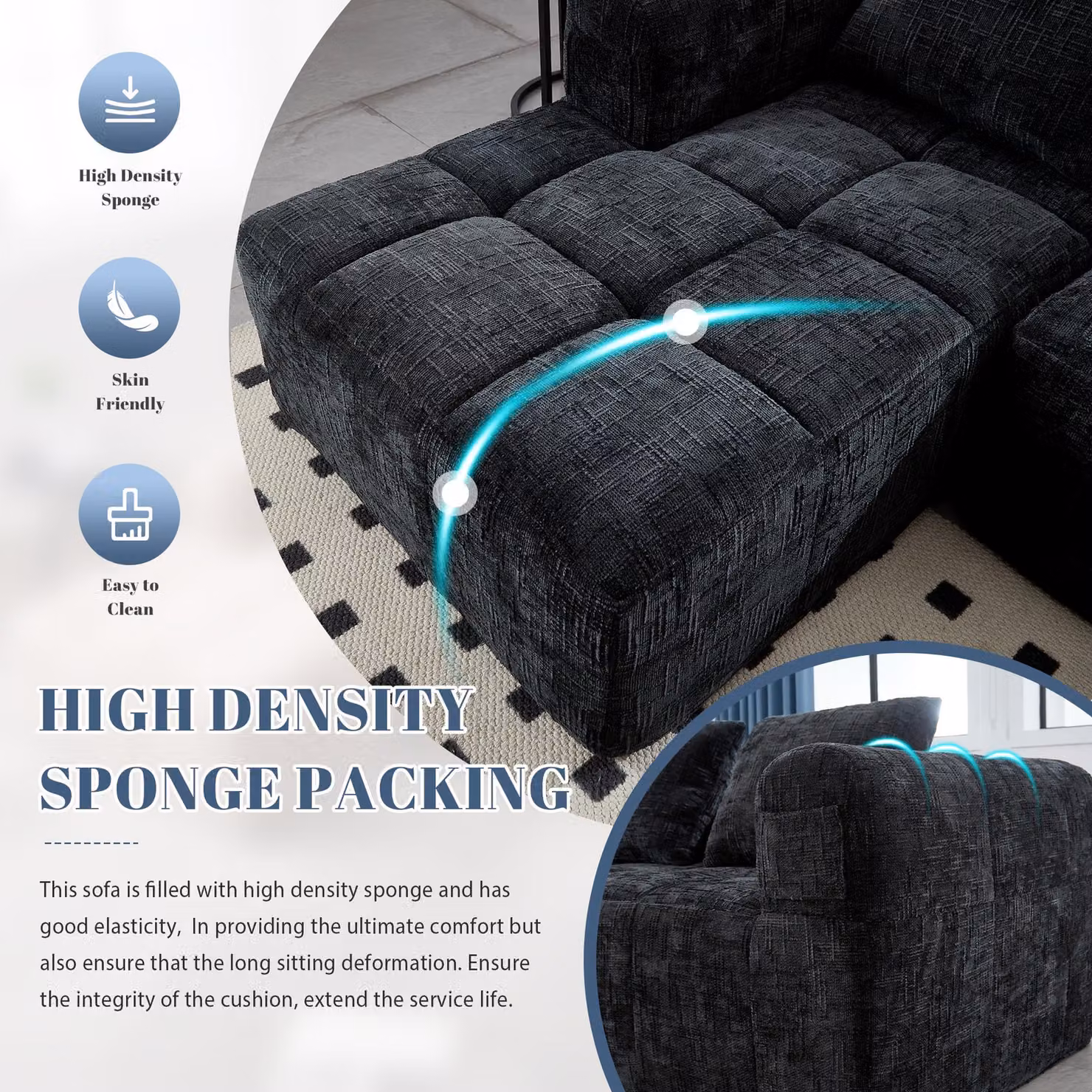 Aosom UK Oversized Modular L-Shaped Sleeper Sofa in Black, Reversible Fabric Sectional with Deep-Seated Design and Hidden Side Pockets, W/D/H: 250 x 158 x 60 cm – 6