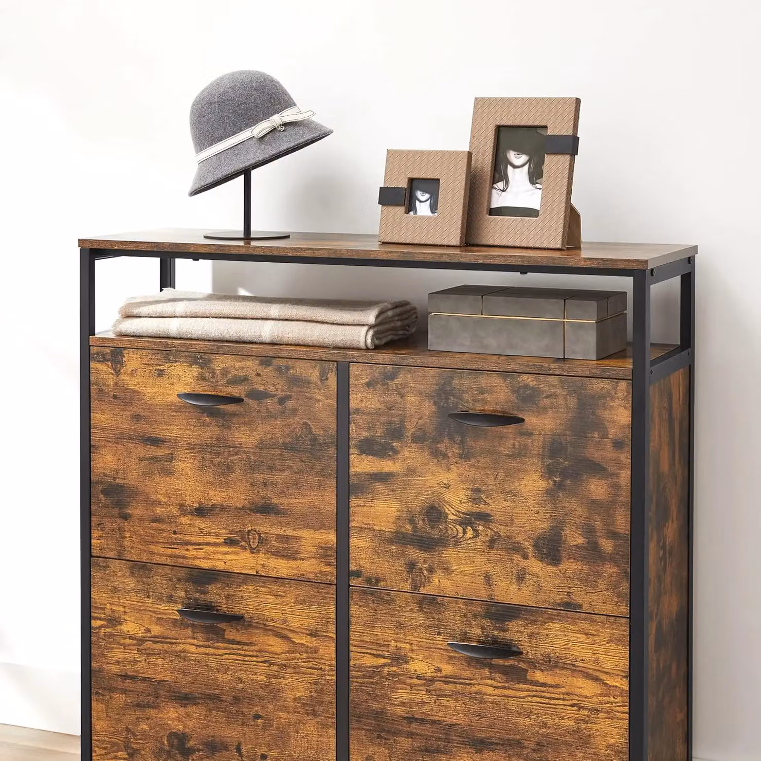 VASAGLE Brown Narrow Shoe Cabinet with Tilting Compartments and Internal Shelves – 4