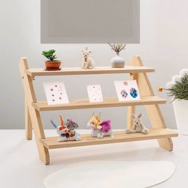 FORGEVIO 3 Tier Solid Wood Desktop Plant Stand in Natural Brown and Beige