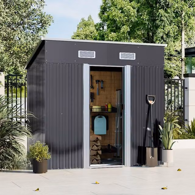 Breeins Steel Garden Shed with Pent Roof, Double Doors and Side Vents, Charcoal Black