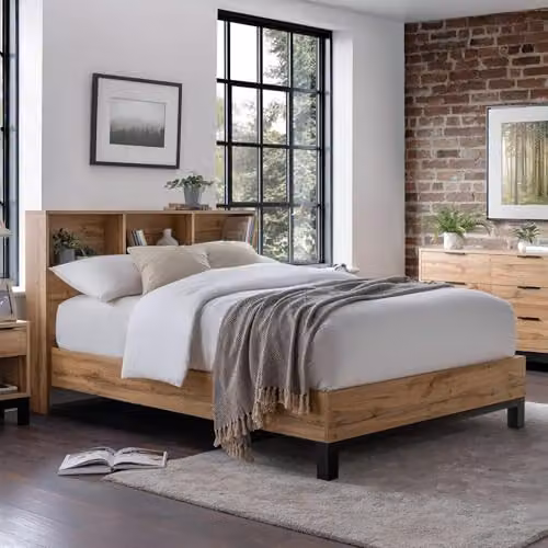 Julian Bowen Bali Oak Bookcase Headboard Bed with Side Compartments and Bedside Shelves, W/D/H: 140 x 200 x 105 cm – 1
