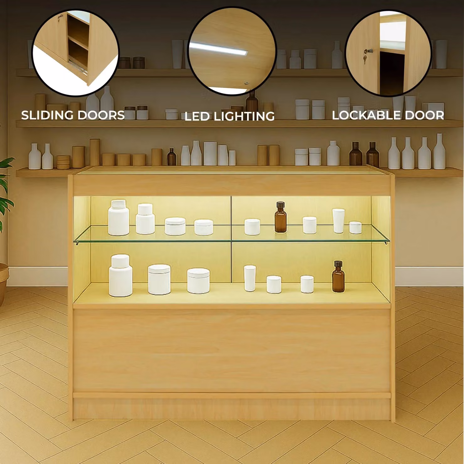 Monstershop C1200 LED Retail Shop Counter in Maple Beige with Glass Sliding Doors and Integrated Lighting – 2