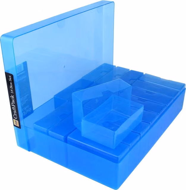 WestonBoxes Multi-Pack of 18 Blue and Transparent Plastic Craft Boxes