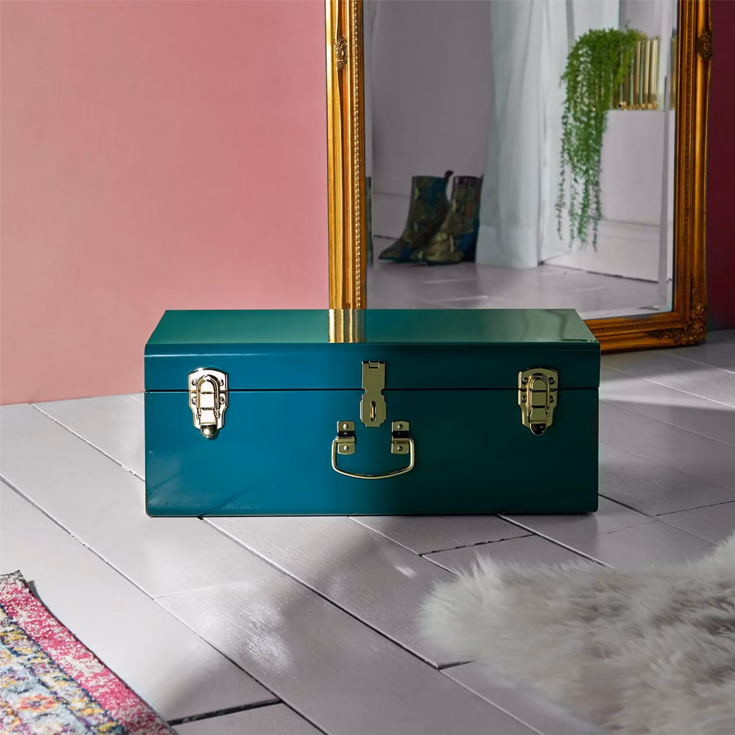 Beautify Petrol Metal Storage Trunk with Gold Hardware and Lock, W/D/H: 52 x 26 x 20 cm – 2