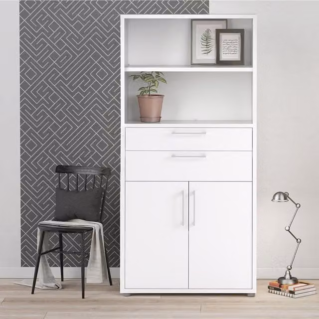 Furniture To Go Prima Glossy White 2-Shelf 2-Drawer 2-Door Bookcase