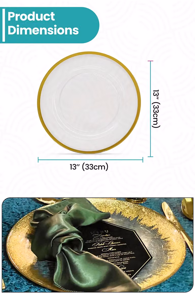 Set of 12 Neel Blue Glass Charger Plates with Gold Trim, Diameter: 33 cm
